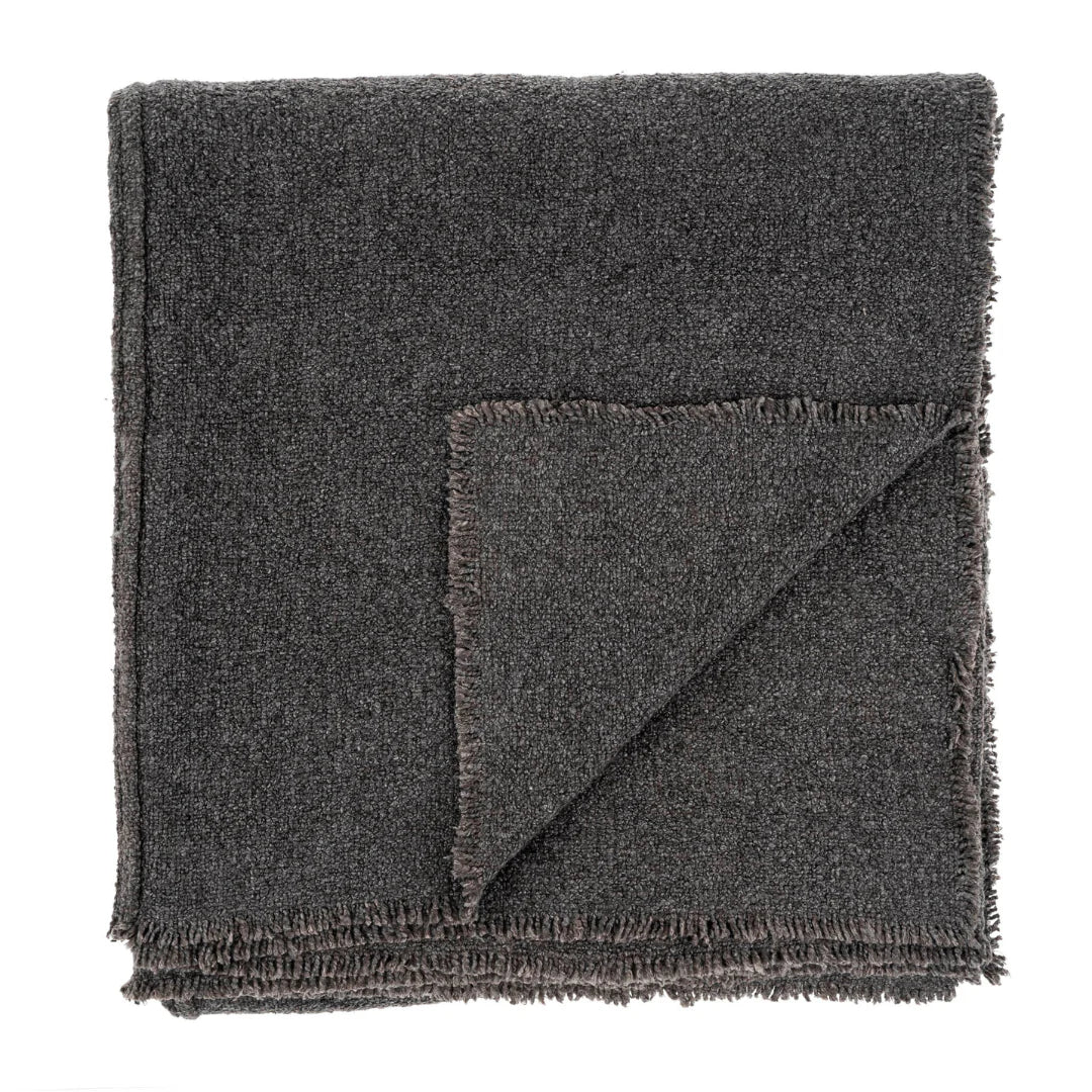 Fringed Boucle Bed Blanket Charcoal