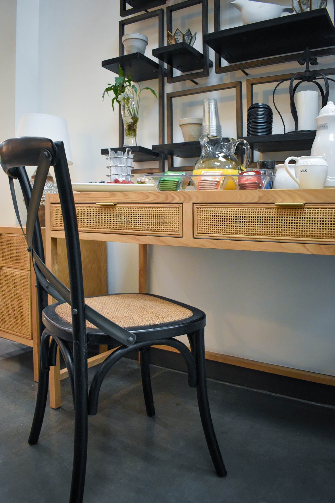 Cross Back Chair w/ Natural Brown Rattan Seat - Black