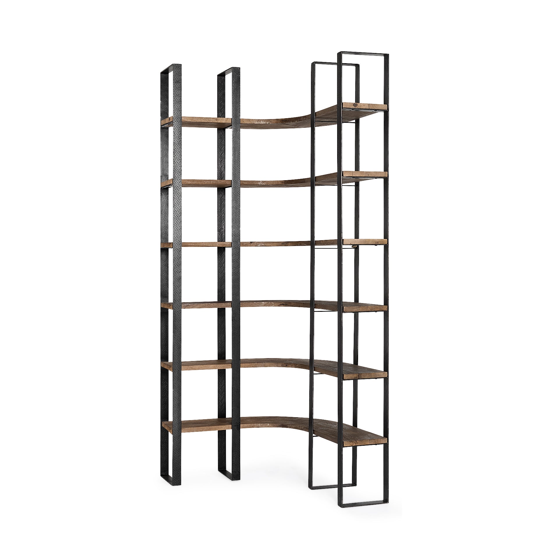 Turner Curved Corner Bookcase- Brown Wood & Black Iron