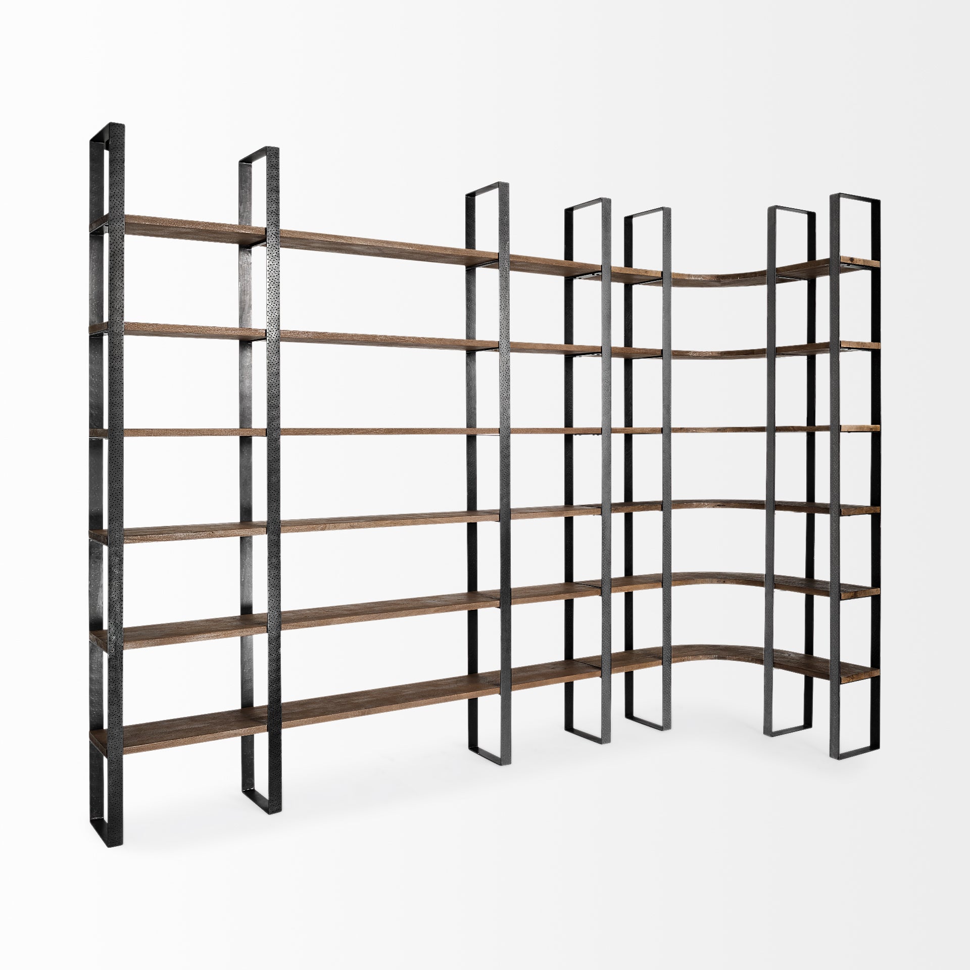 Turner Curved Corner Bookcase- Brown Wood & Black Iron