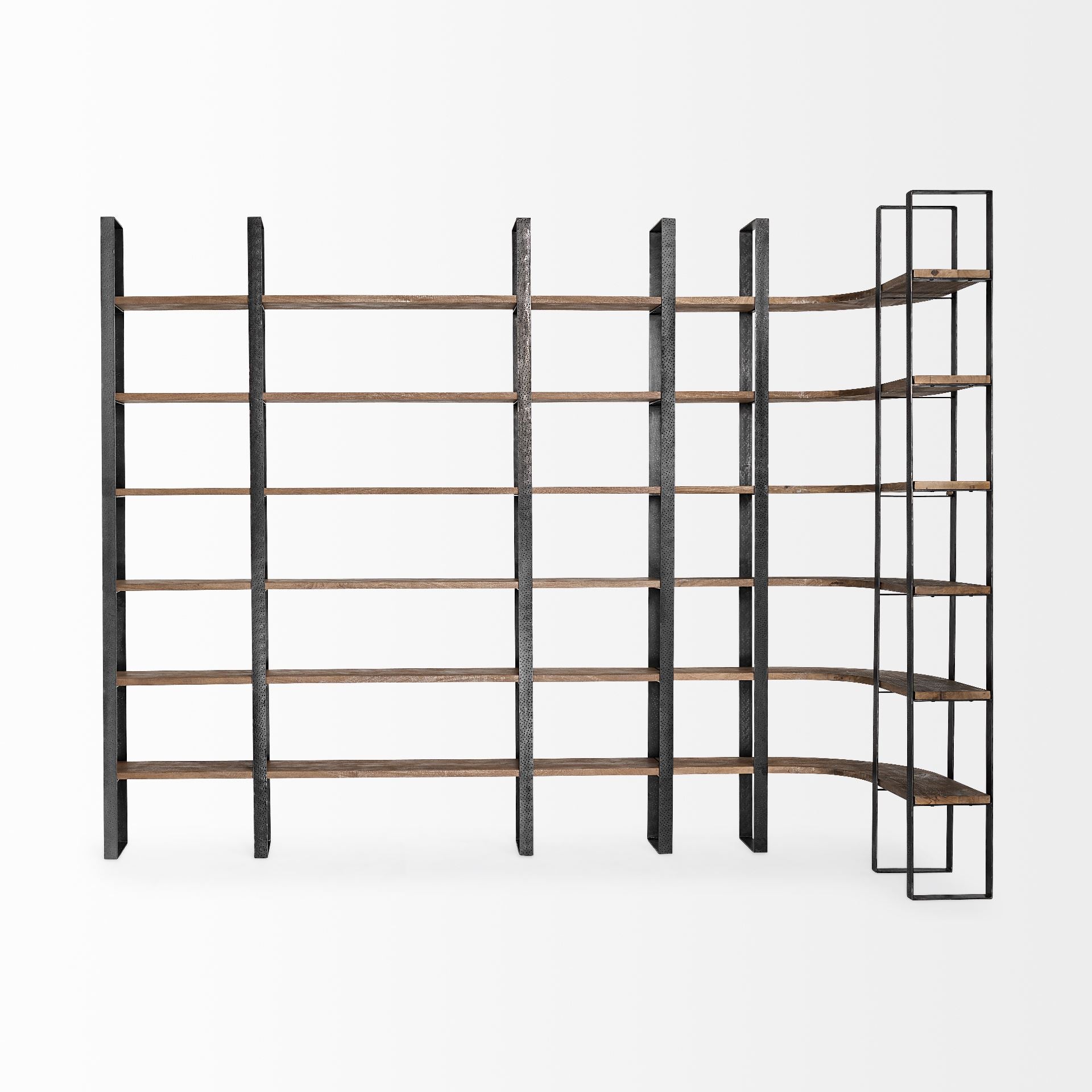 Turner Curved Corner Bookcase- Brown Wood & Black Iron