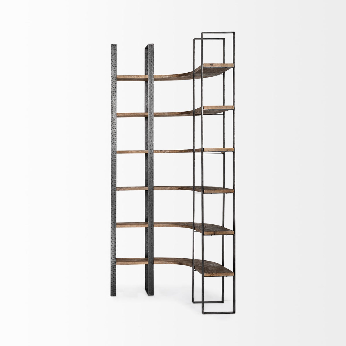 Turner Curved Corner Bookcase- Brown Wood &amp; Black Iron