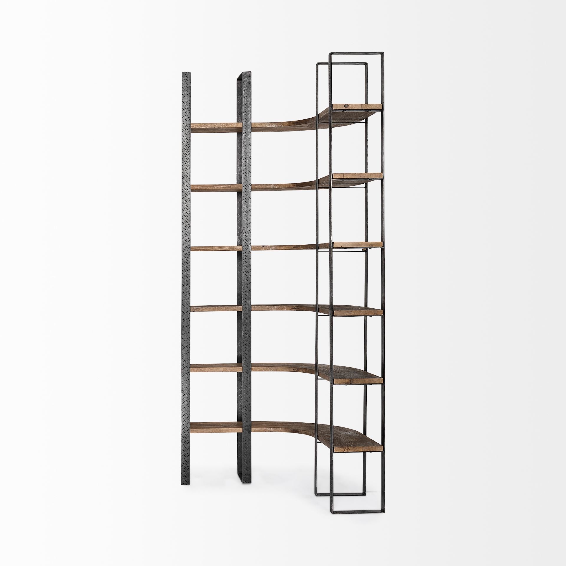 Turner Curved Corner Bookcase- Brown Wood & Black Iron