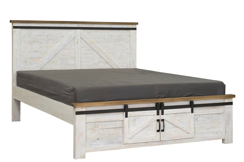 LH Imports Provence Queen Bed. Solid reclaimed pine with antique white finish. Rustic black iron hardware and accents. 2 sliding doors with storage cubbie (56&quot;w x 12&quot;d x 8&quot;h). Modern farmhouse style. 